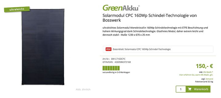 Produktseite eines ultraleichten Solarmoduls