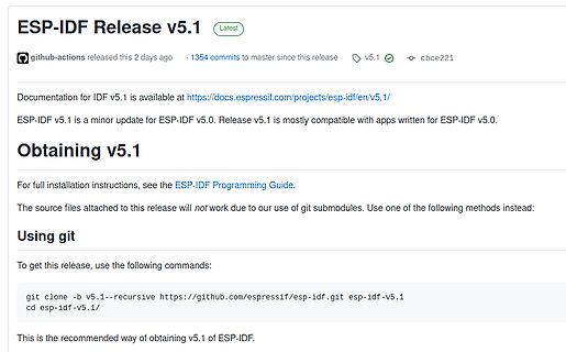 GitHub Release Seite für ESP-IDF v5.1