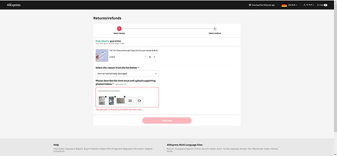 AliExpress Rückgabe/Erstattung-Seite