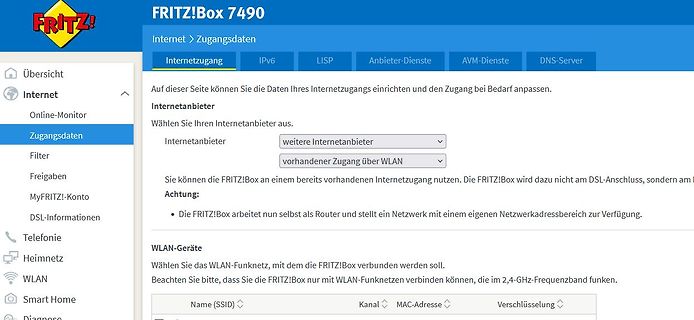 Benutzeroberfläche einer FRITZ!Box 7490 Konfiguration
