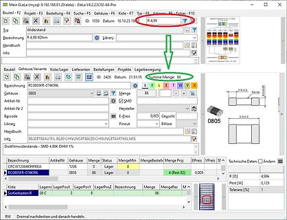 Screenshot einer Lagerverwaltungssoftware für Elektronikbauteile