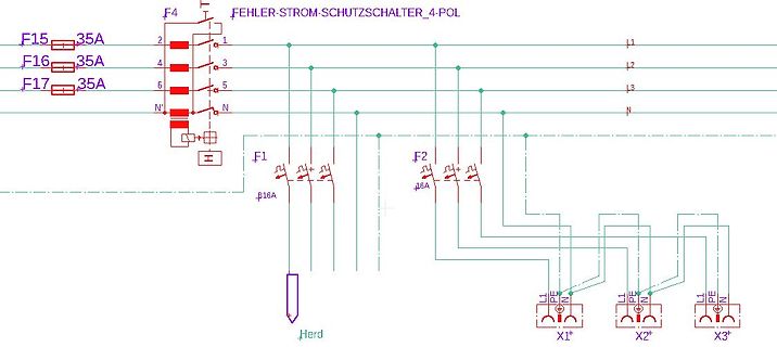 Schaltplan eines Fehlerstrom-Schutzschalters für einen Herd