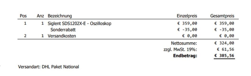 Rechnung für ein Siglent Oszilloskop