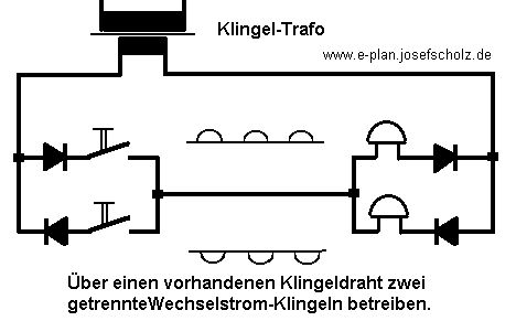 Schaltplan für zwei Wechselstrom-Klingeln über Klingeldraht
