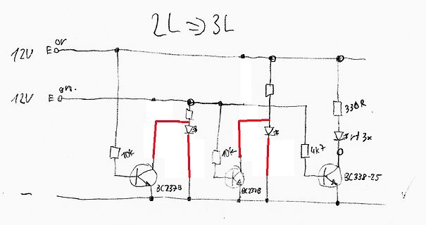Handgezeichneter Schaltplan mit Transistoren und LEDs