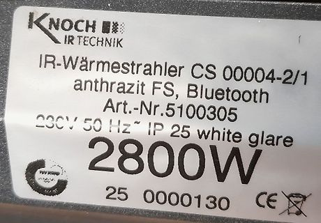 Typenschild eines IR-Wärmestrahler