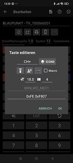 Screenshot einer App zur Fernbedienung-Konfiguration