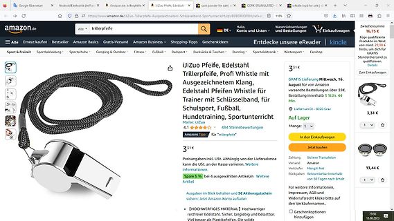 Amazon-Produktseite für eine Trillerpfeife