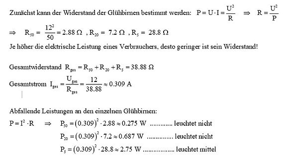 Mathematische Berechnung von Widerständen und Leistungen von Glühbirnen