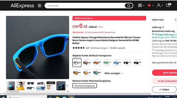 AliExpress Produktseite für blaue Sonnenbrillen