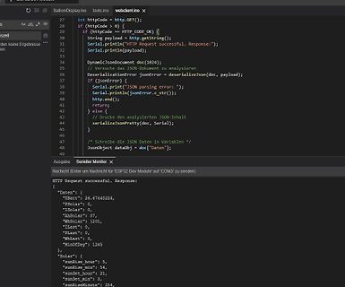 Programmcode und JSON-Ausgabe im Seriellen Monitor