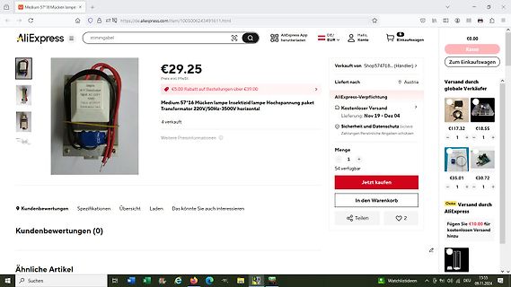 AliExpress Produktseite eines Transformators