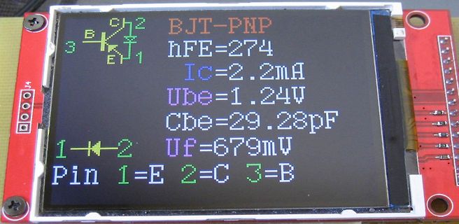 Messwerte eines PNP-Bipolartransistors auf einem Display