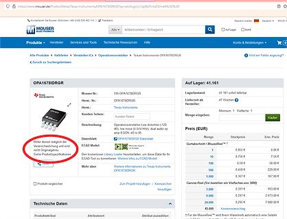 Produktseite von Mouser Electronics für Texas Instruments Chip