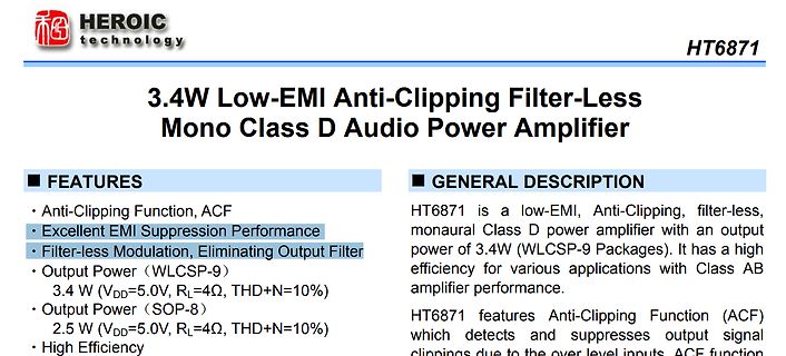 Datenblatt-Ausschnitt eines Class D Audio Power Amplifiers