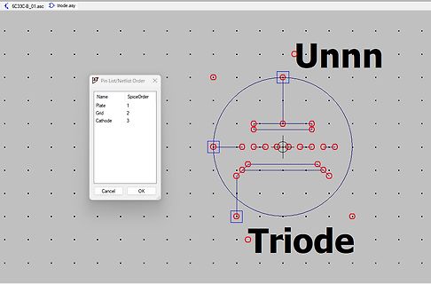Screenshot einer CAD-Software mit Trioden-Symbol und Pin-Liste