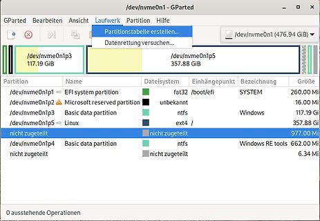 GParted Partition Manager Fenster mit Festplattenpartitionen