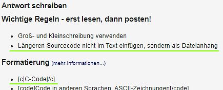 Text mit Forenregeln und Formatierungshinweisen
