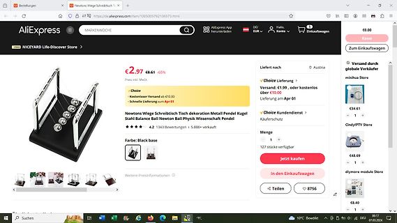 AliExpress Produktseite für Newton's Wiege