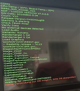 Abfotografierter Bildschirm mit Systemstatus und Fehlermeldung