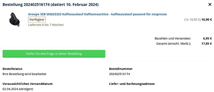 Bestellbestätigung einer Kaffeemaschinen-Zubehörkomponente