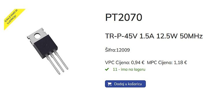 Transistor PT2070 mit Preisangaben