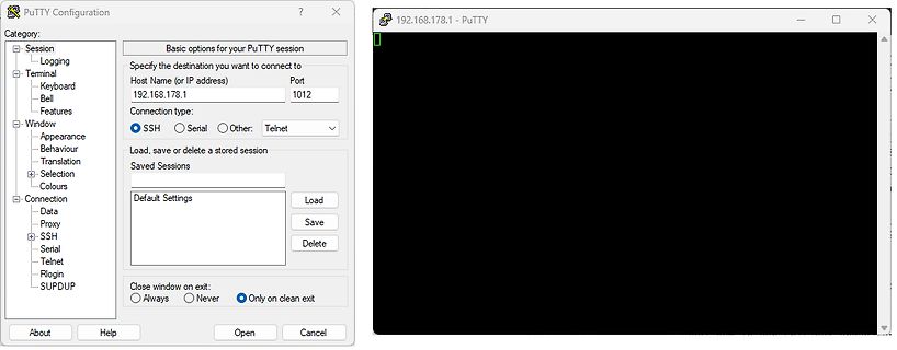 PuTTY Konfigurationsfenster und Terminal-Fenster