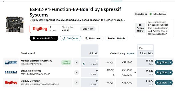 Webseite eines Elektronik-Distributors für ESP32-P4-EV-Board
