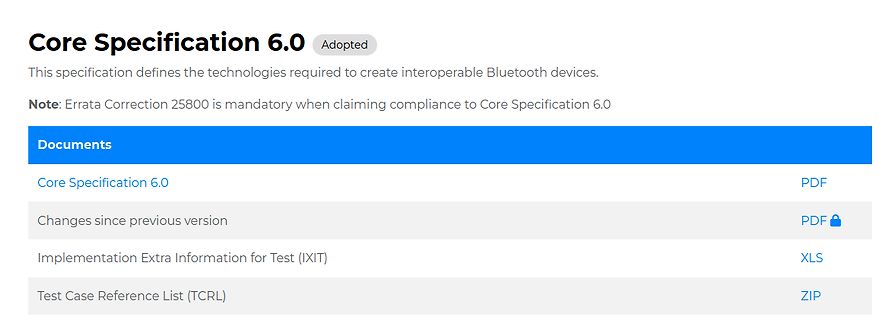 Webseite der Bluetooth Core Specification 6.0