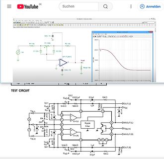 Schaltplan und Frequenzgang-Diagramm in Simulationssoftware
