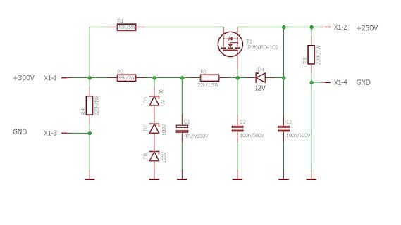 Schaltplan einer Gleichrichterbeschaltung mit MOSFET
