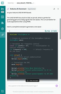 Screenshot eines Arduino AI Assistant mit Codebeispiel