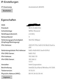 Screenshot der IP-Einstellungen und Netzwerkeigenschaften