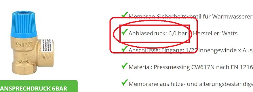 Sicherheitsventil mit technischen Daten