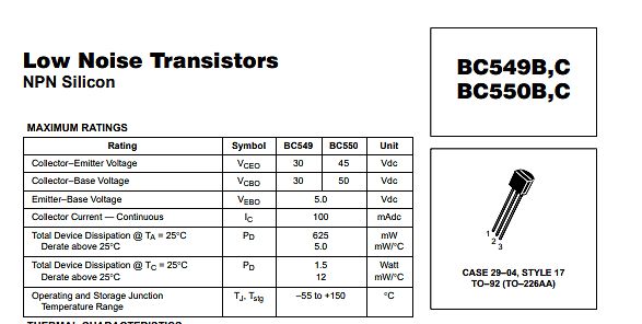 Datenblattabschnitt für BC549B,C und BC550B,C Transistoren
