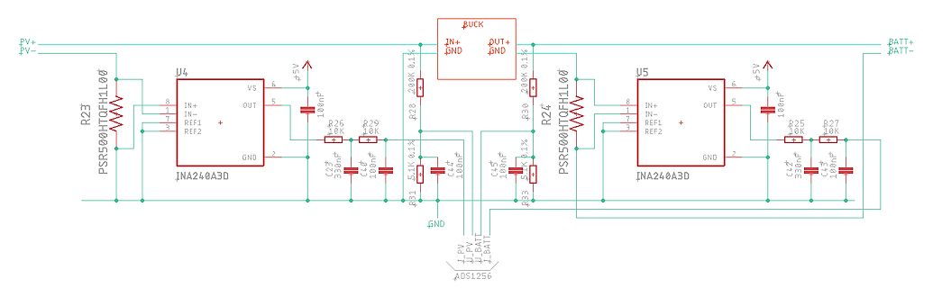 Schaltplan mit zwei INA240A3D Stromsensoren und Buck-Konverter