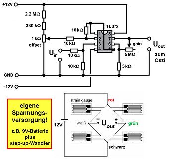Schaltplan einer Operationsverstärker-Schaltung und Wheatstone-Brücke