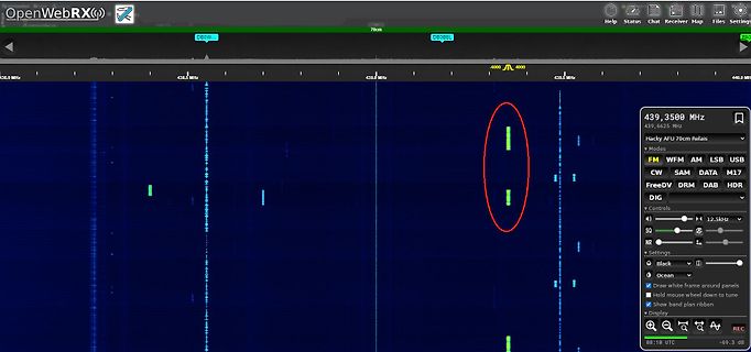 Screenshot einer SDR-Software mit Wasserfallanzeige
