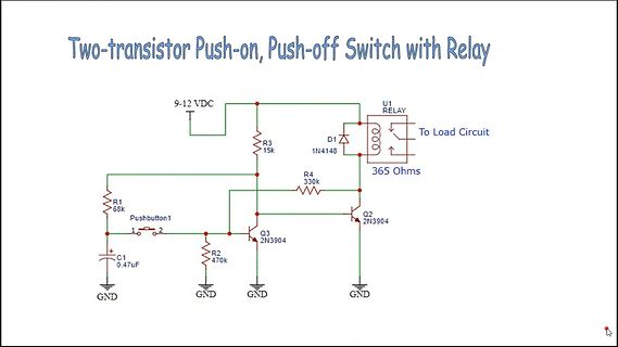 Schaltplan eines Two-transistor Push-on, Push-off Switch mit Relais