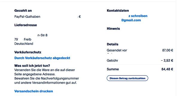 PayPal-Zahlungsbestätigung und Lieferadresse