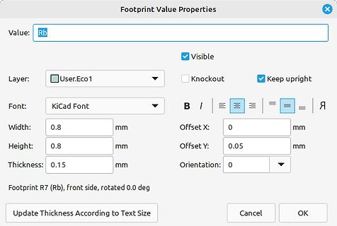 Eigenschaftenfenster für Footprint-Werte in KiCad