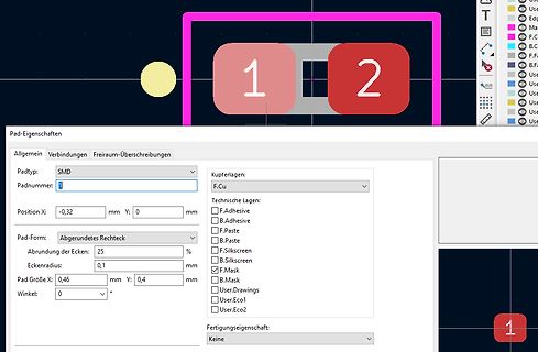 Einstellungen eines SMD-Pad-Typs in einer CAD-Software