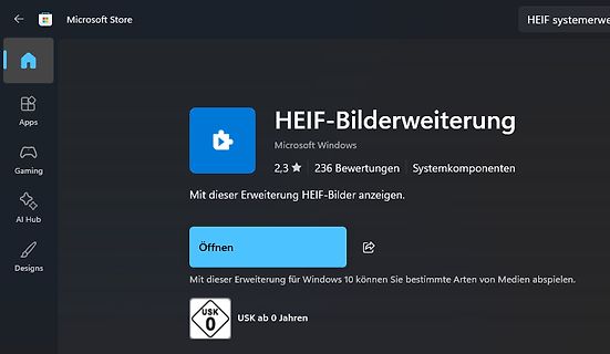 Microsoft Store Seite für HEIF-Bilderweiterung