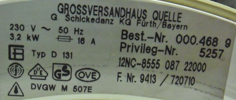 Typenschild eines Elektrogeräts