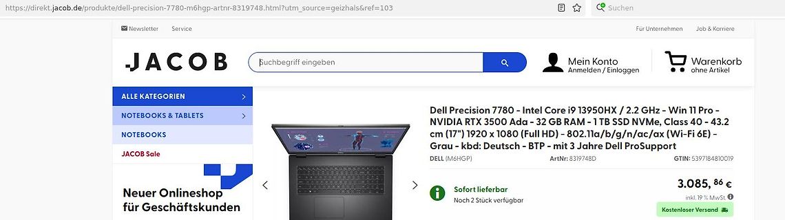 Webseite eines Online-Shops für Dell Precision Laptop