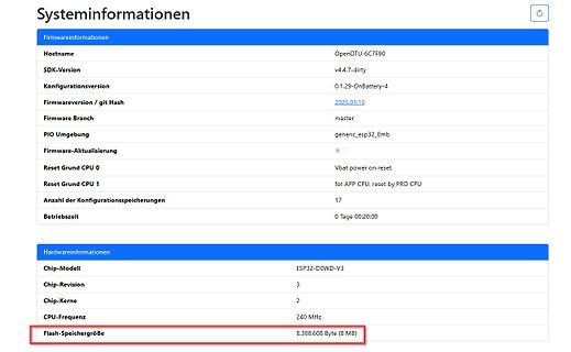 Screenshot von Firmware-Systeminformationen eines ESP32-Mikrocontrollers