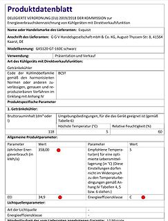 Produktdatenblatt für einen Getränkekühler