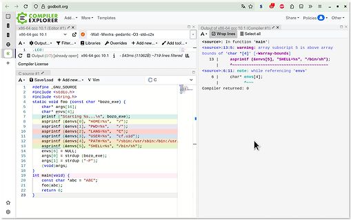 Compiler Explorer Ansicht mit C-Code und GCC Fehlermeldung