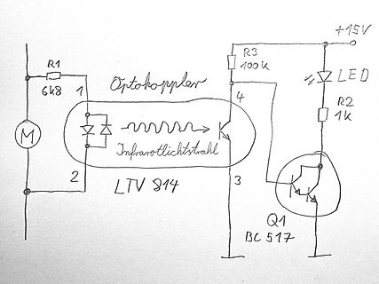 Handgezeichneter Schaltplan mit Optokoppler und Transistor