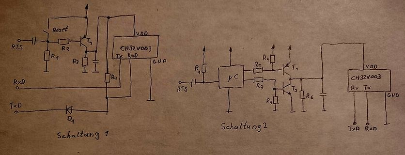 Handgezeichnete Schaltpläne für Mikrocontroller-Reset und UART